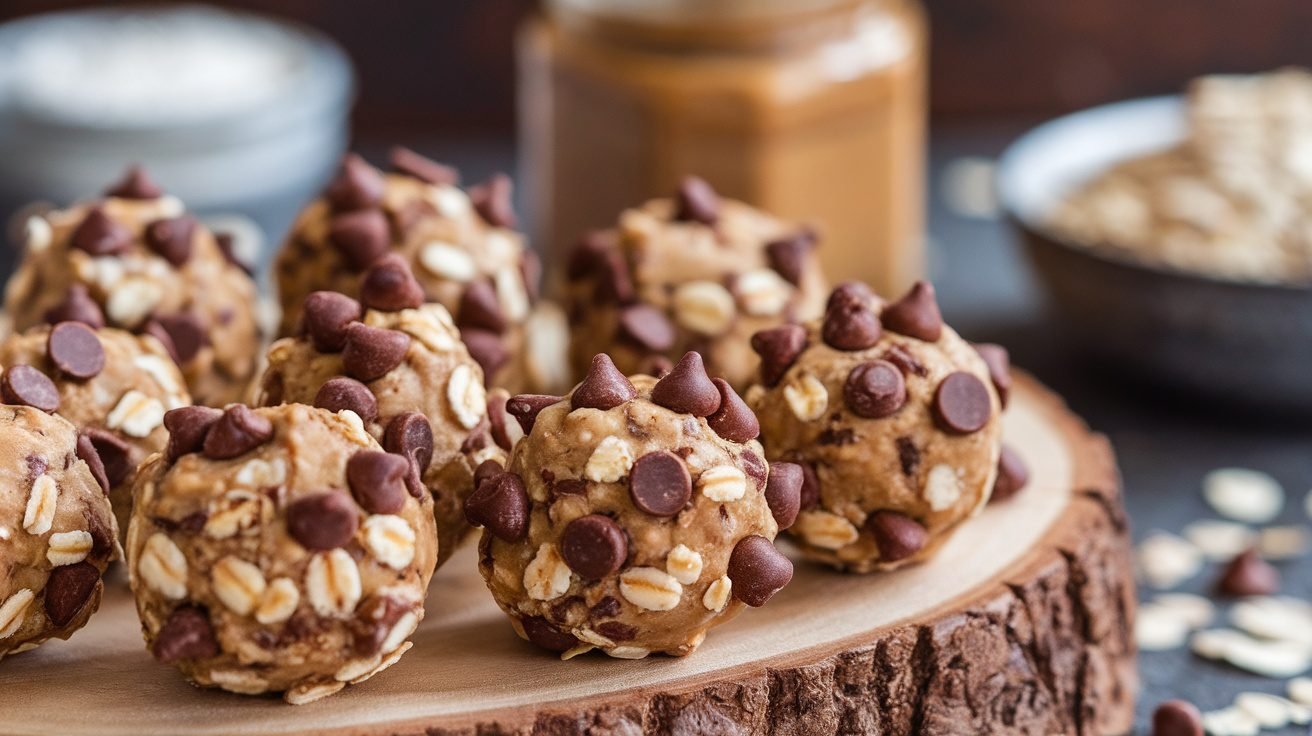 Close-up of chocolate chip protein bites on a wooden platter with oats and nut butter in the background.