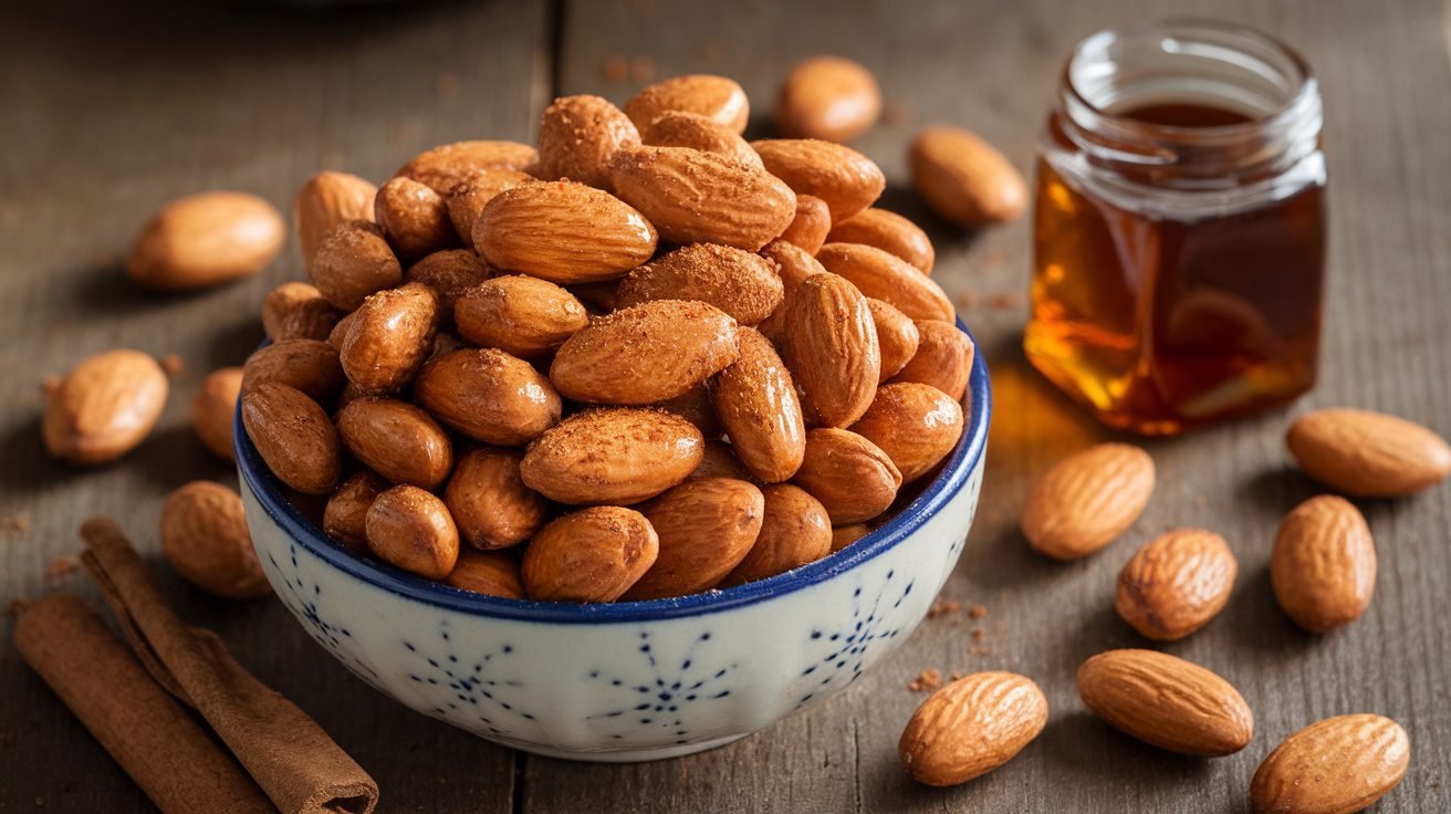 A bowl of maple cinnamon roasted almonds on a wooden table with a jar of maple syrup.