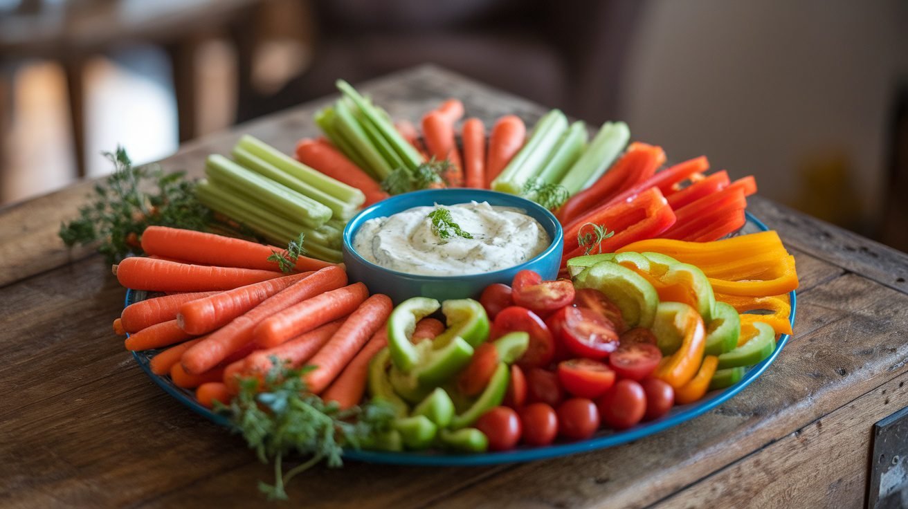 A colorful veggie platter with carrots, celery, bell peppers, and tomatoes surrounding a bowl of ranch dip on a wooden table.