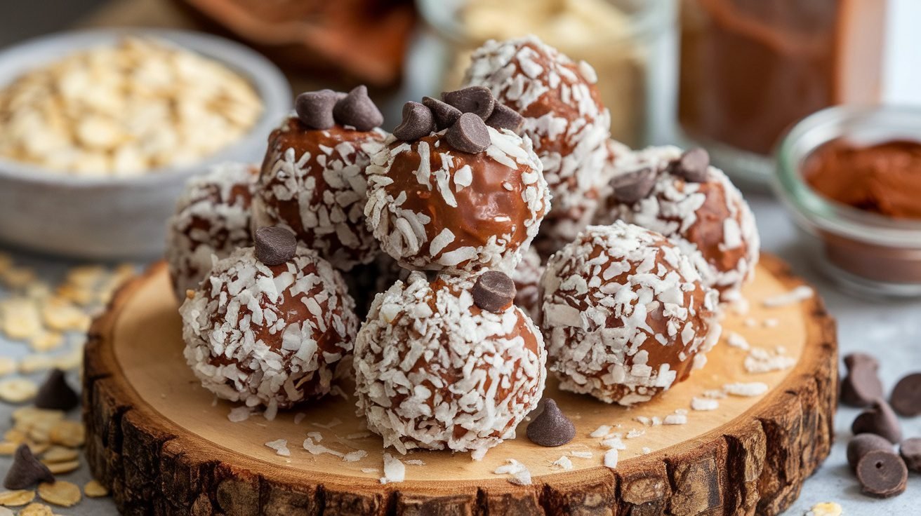 Coconut chocolate energy balls on a wooden board, surrounded by oats and cocoa powder.