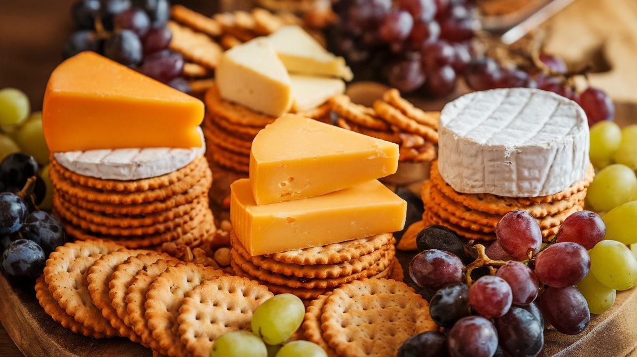 A platter of cheese and cracker stacks with assorted cheeses, crackers, grapes, and nuts.