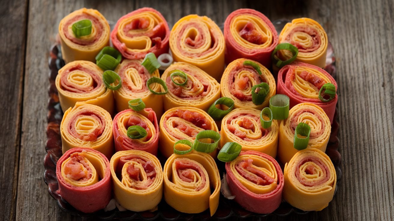 A serving platter of Bacon Cheddar Pinwheels, rolled tortillas filled with bacon and cheese, garnished with green onions.