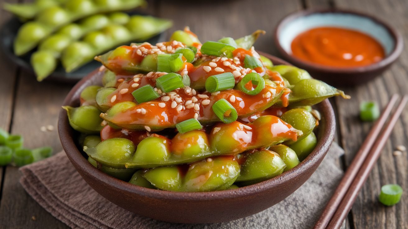 A bowl of sweet chili edamame garnished with sesame seeds and green onions on a rustic table.