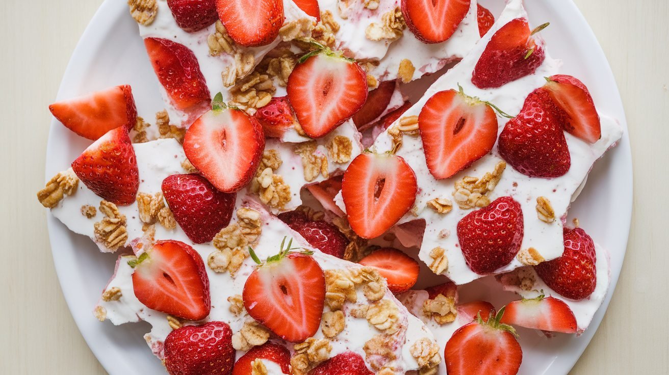 Strawberry yogurt bark pieces topped with sliced strawberries and granola on a wooden surface.