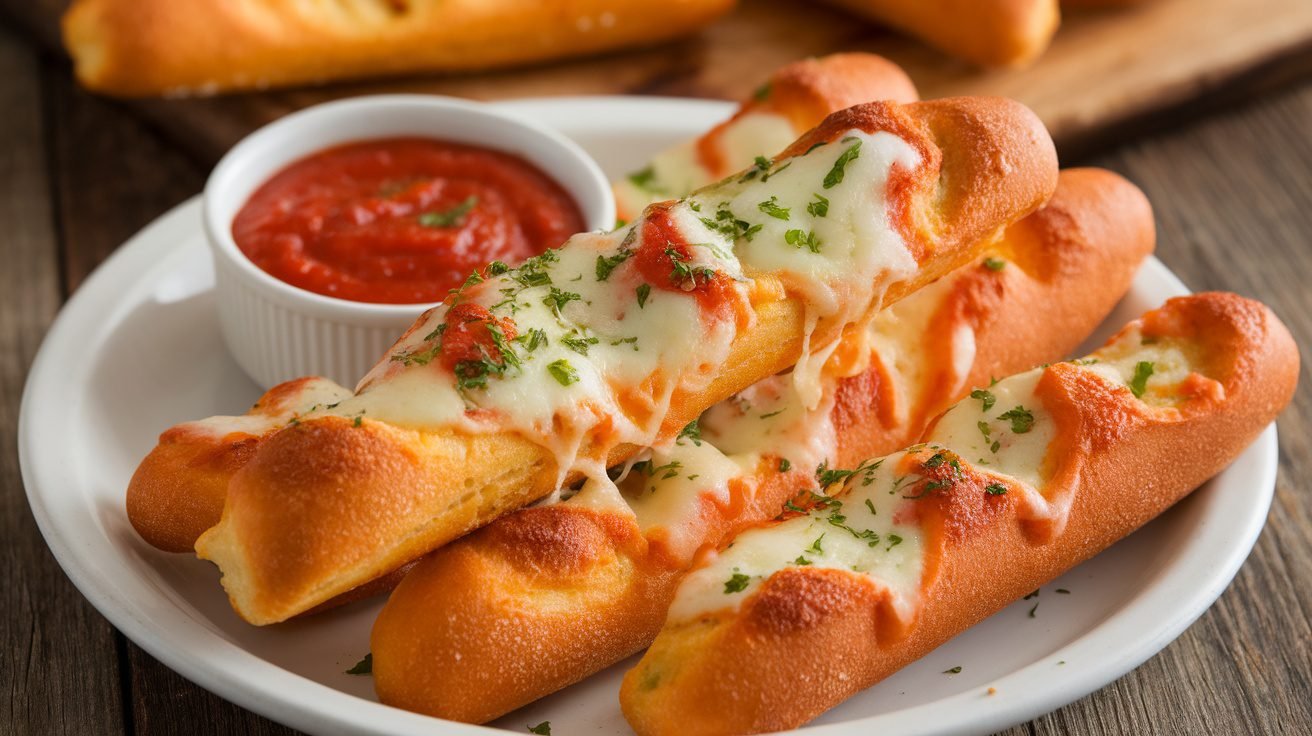 Golden cheesy garlic breadsticks on a plate with marinara sauce for dipping, garnished with parsley.