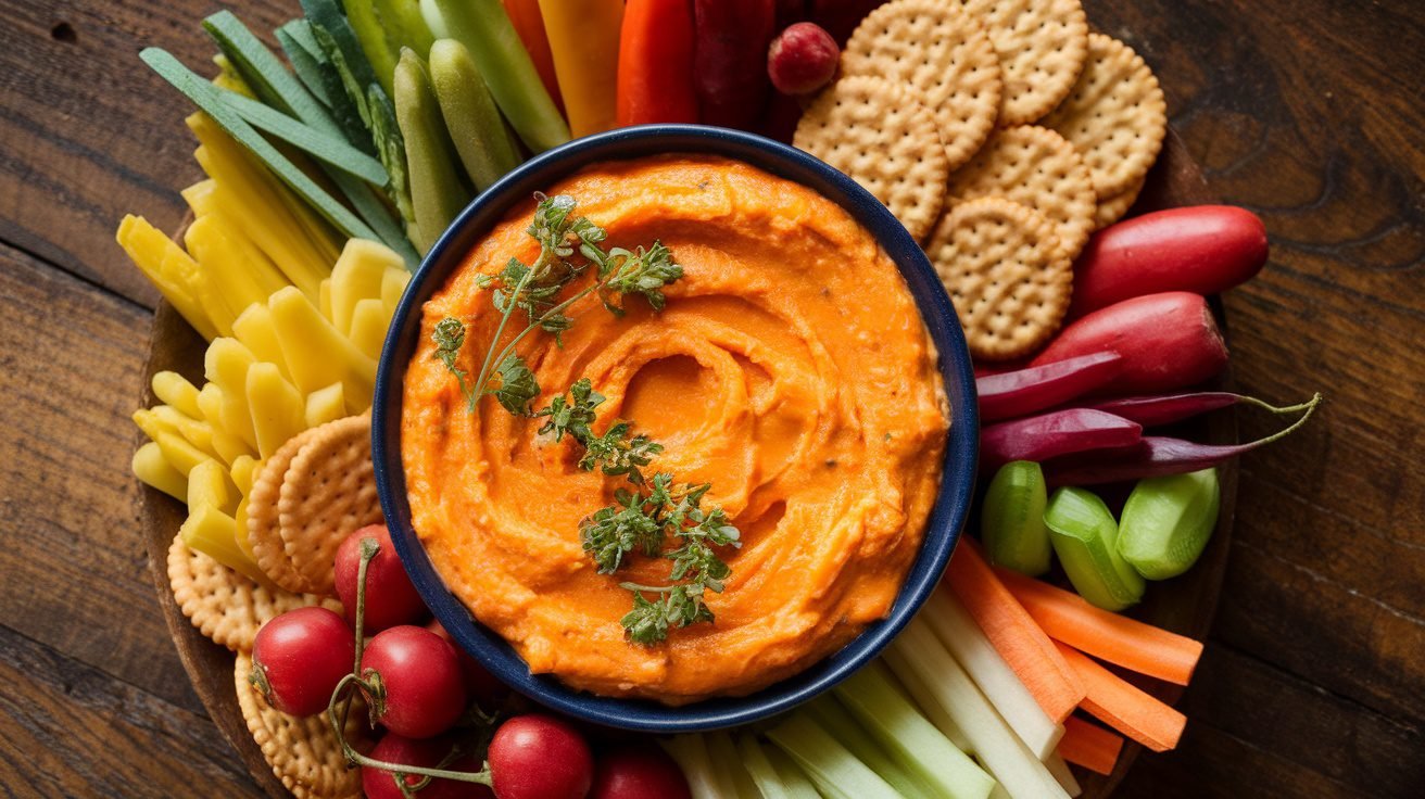 Creamy Pimento Cheese Dip in a bowl with vegetables and crackers for dipping.