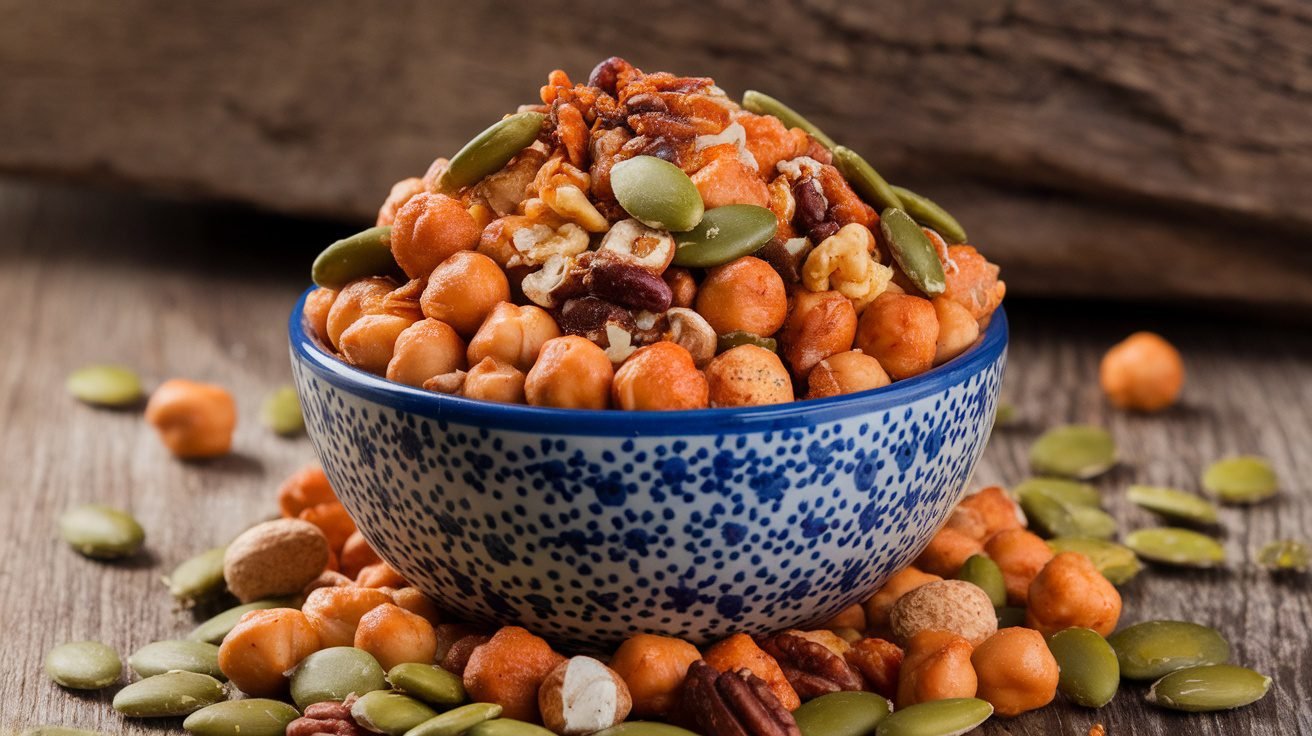 A colorful bowl of BBQ Chickpea Snack Mix with roasted chickpeas, nuts, and seeds on a wooden table.