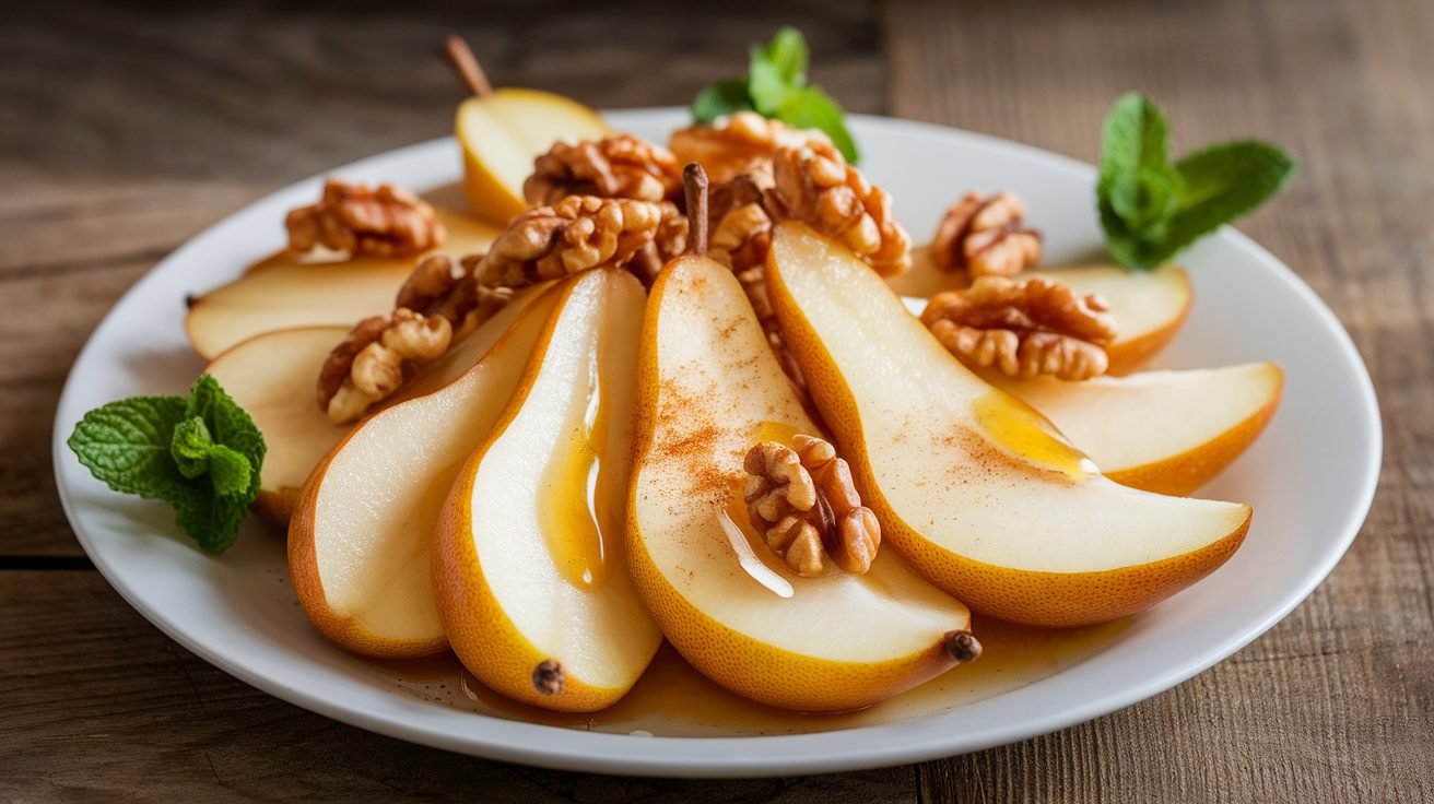 Sliced pears with honey and walnuts on a plate, garnished with mint leaves and cinnamon.