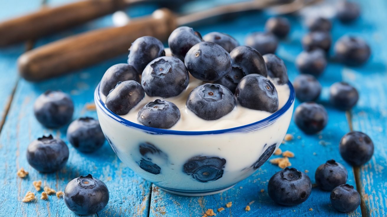 A bowl of yogurt covered blueberries on a wooden table, showcasing the healthy snack.