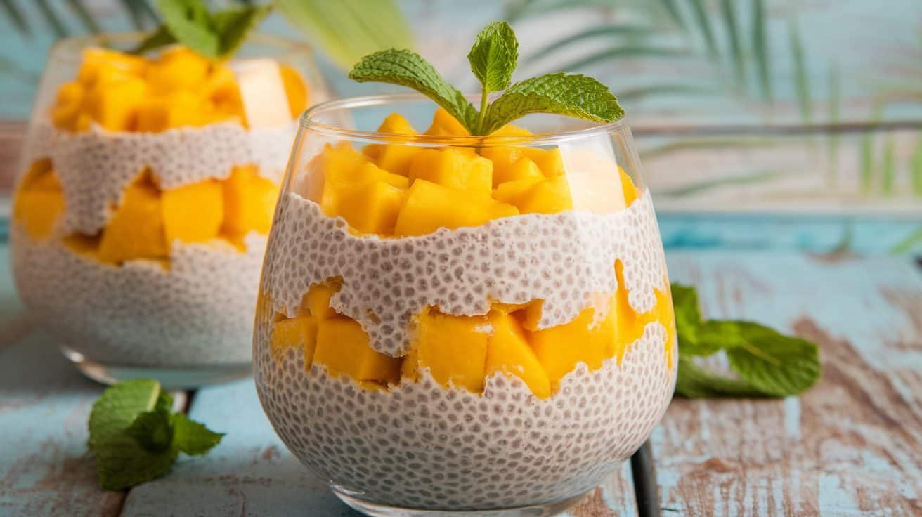 Mango coconut chia pudding layered in a bowl, topped with mint leaves, on a rustic table.