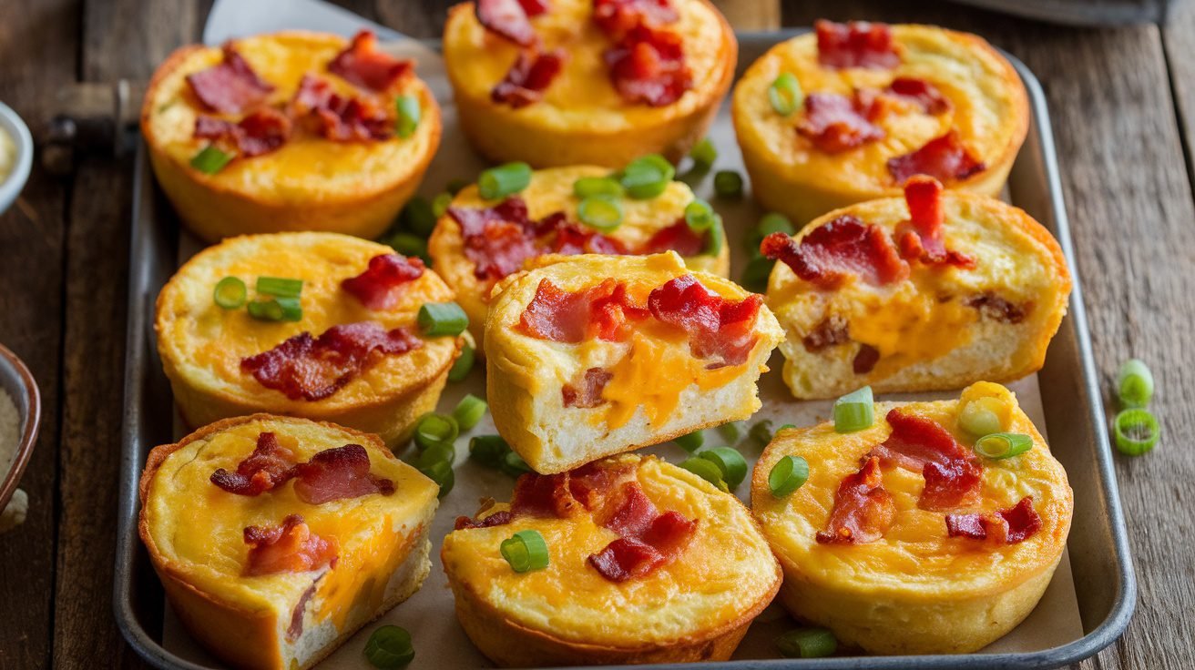 A platter of mini frittatas with bacon and cheddar, garnished with green onions, on a wooden table.