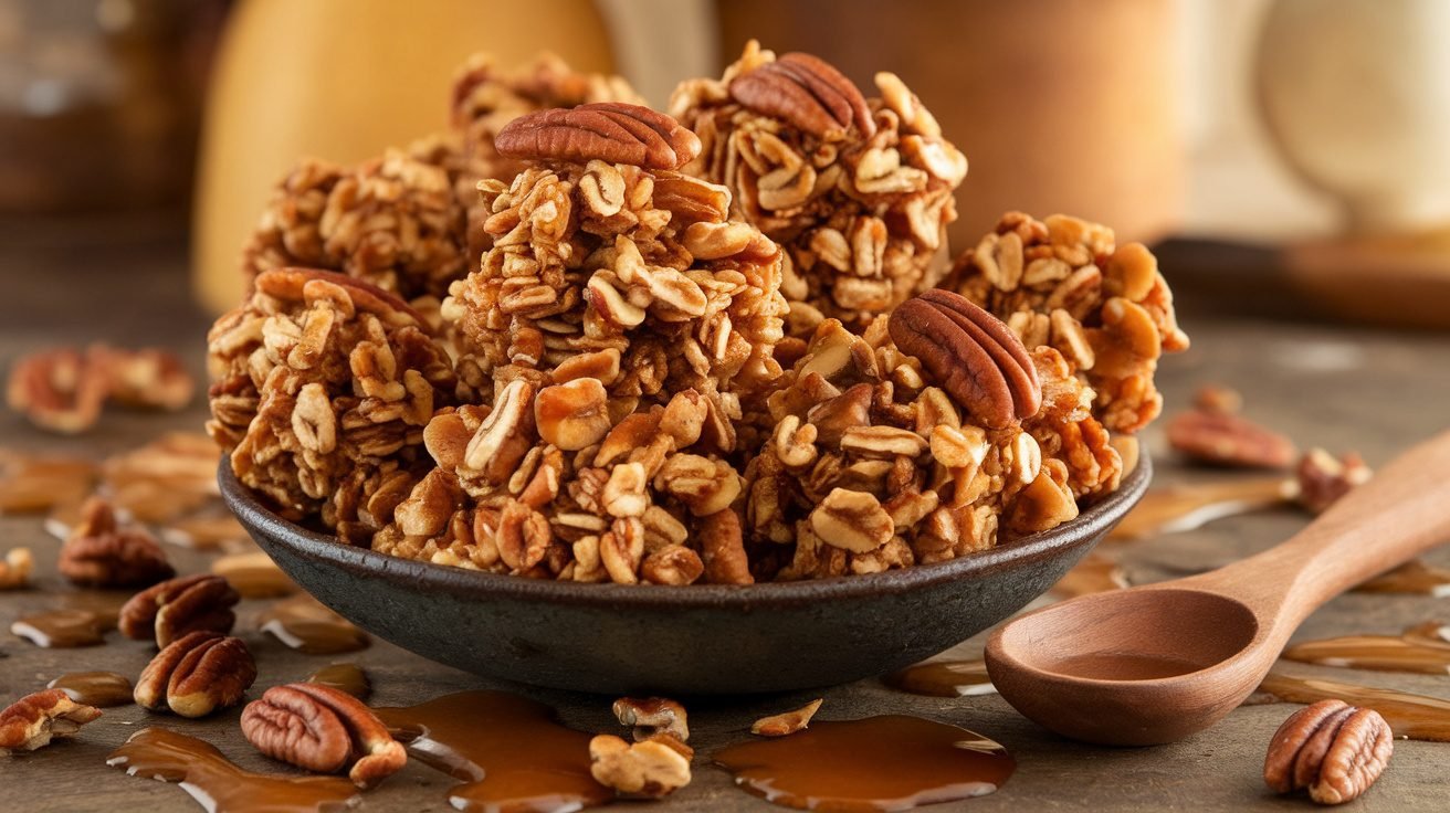 Golden-brown maple pecan granola clusters in a rustic bowl with pecans and maple syrup.