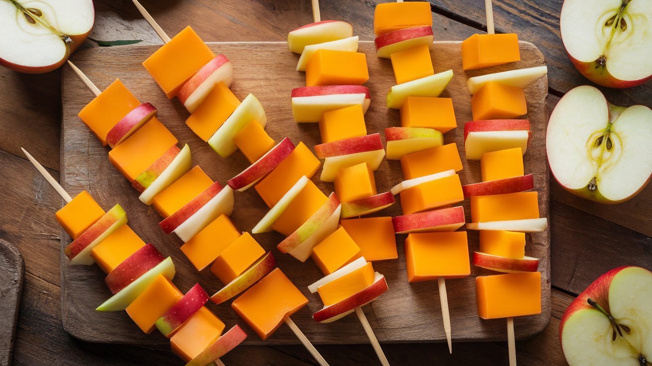 A colorful display of Cheddar and Apple Skewers with cheese and apple slices on a wooden board.