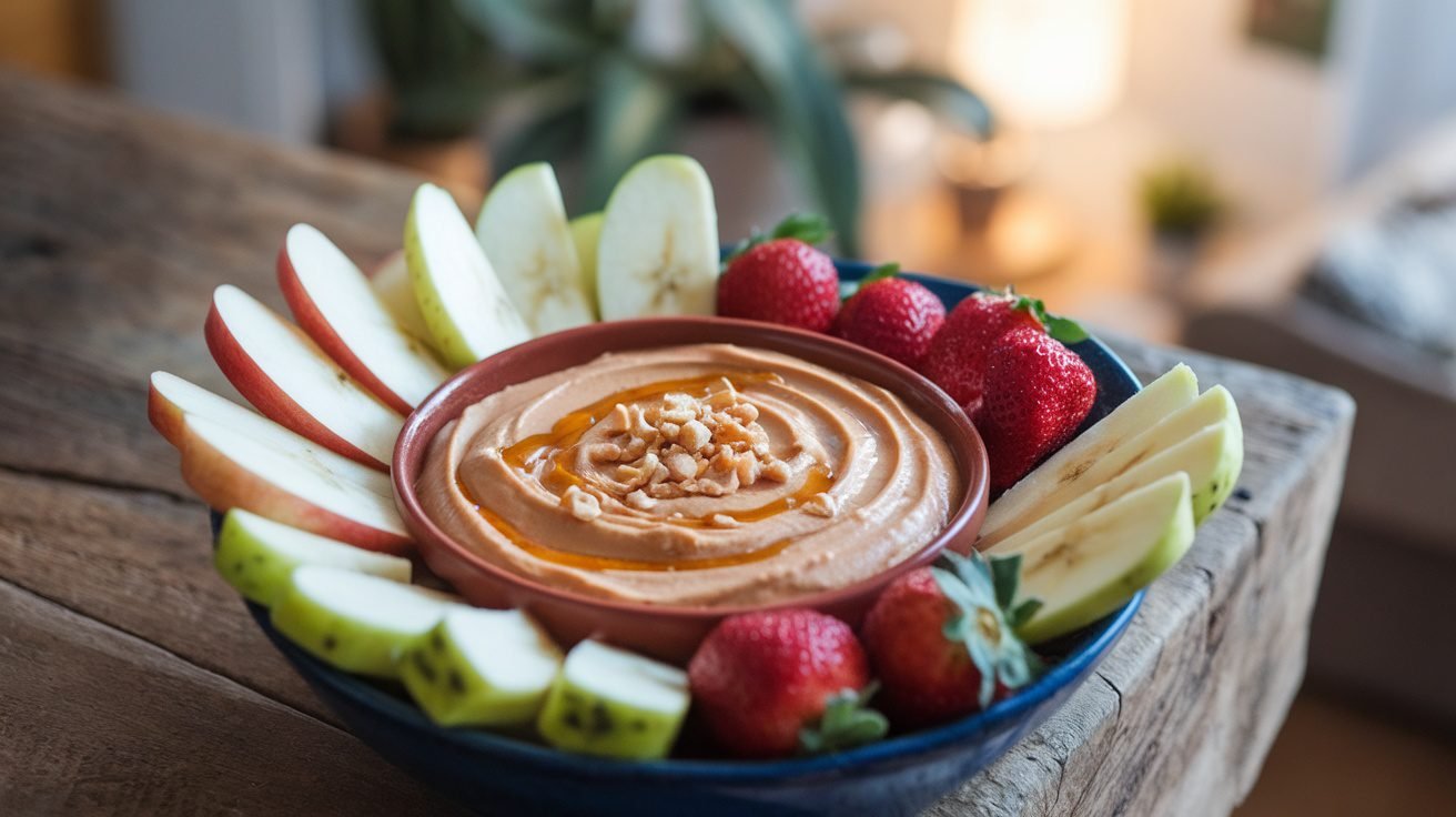 Peanut butter yogurt dip served with fresh fruits like apple slices and strawberries on a wooden table.