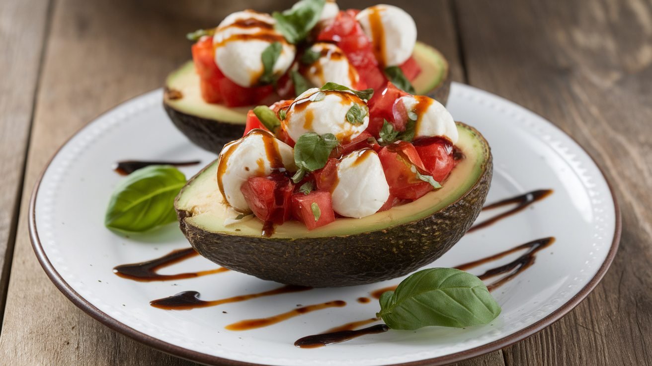 Caprese stuffed avocados filled with tomatoes, mozzarella, and basil, drizzled with balsamic glaze on a white plate.