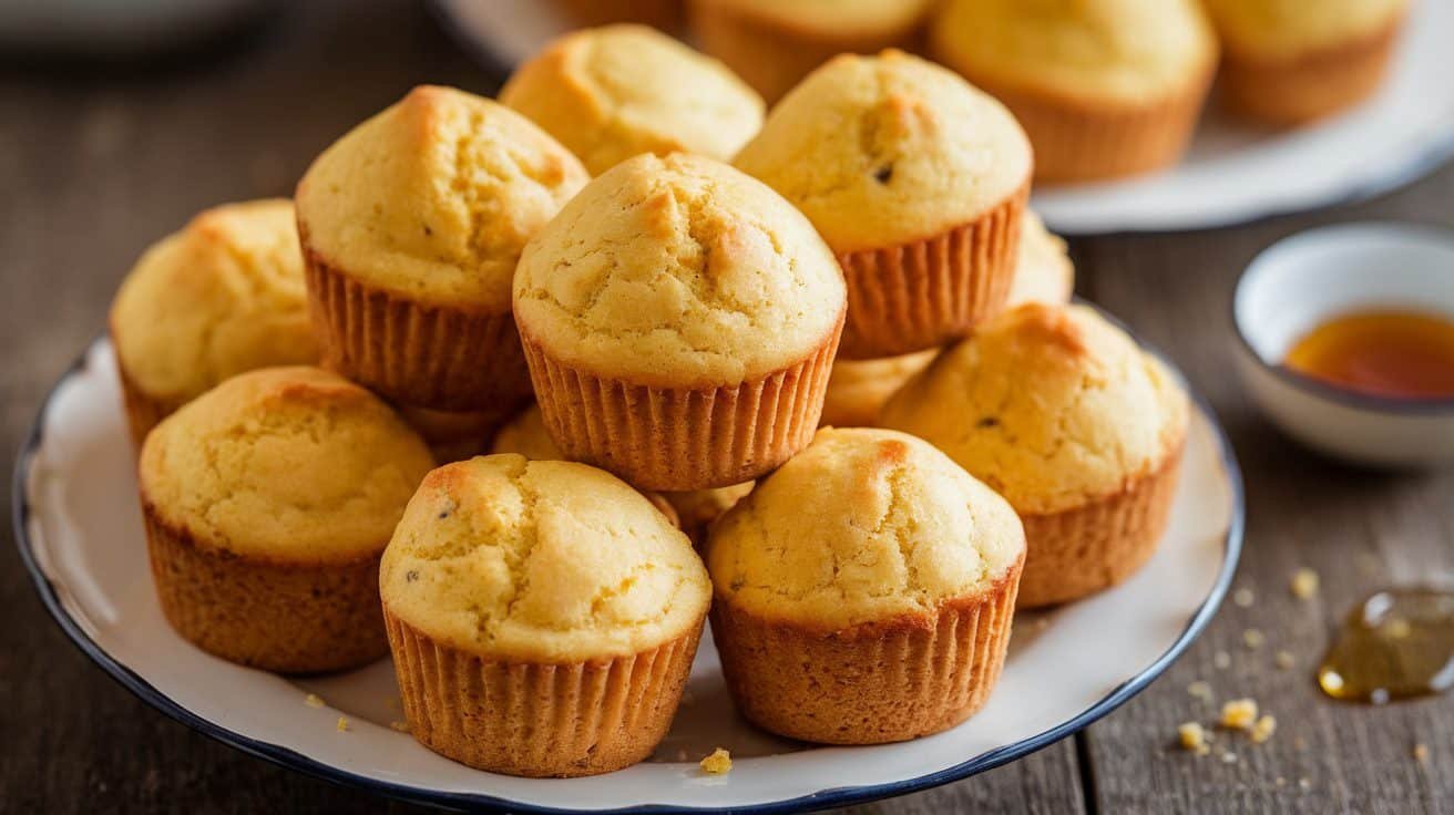 A plate of mini cornbread muffins on a wooden table with honey.