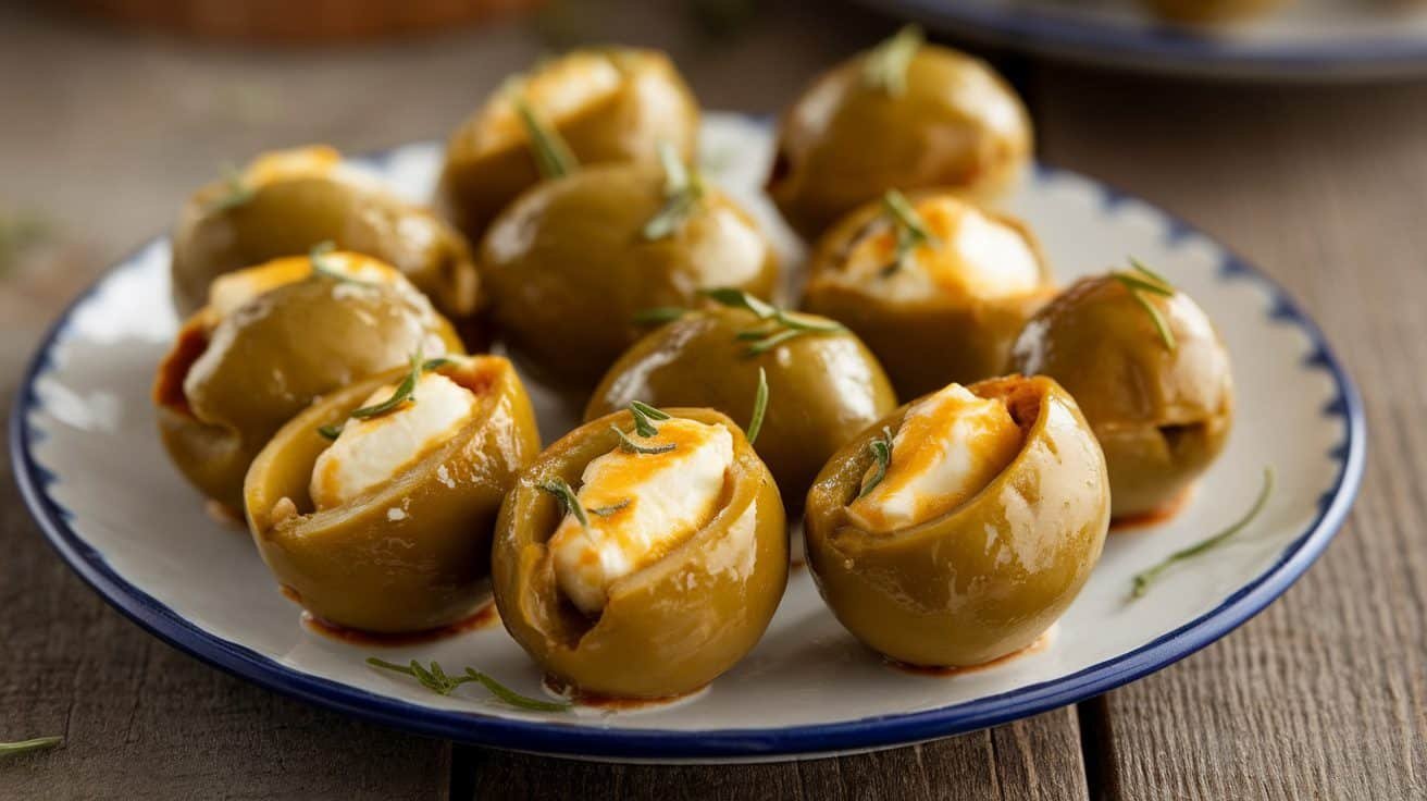 Baked cheese stuffed olives on a plate, garnished with herbs, on a rustic wooden table.