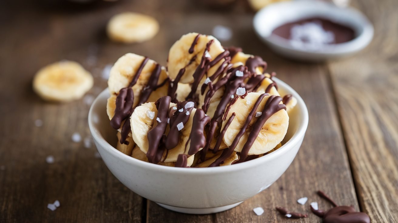 Crispy banana chips drizzled with dark chocolate in a bowl, with sea salt, on a rustic wooden table.