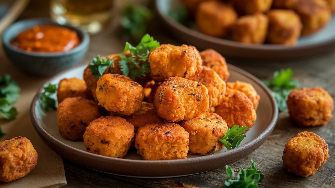 Crispy baked chickpea nuggets on a plate with parsley and dipping sauce.