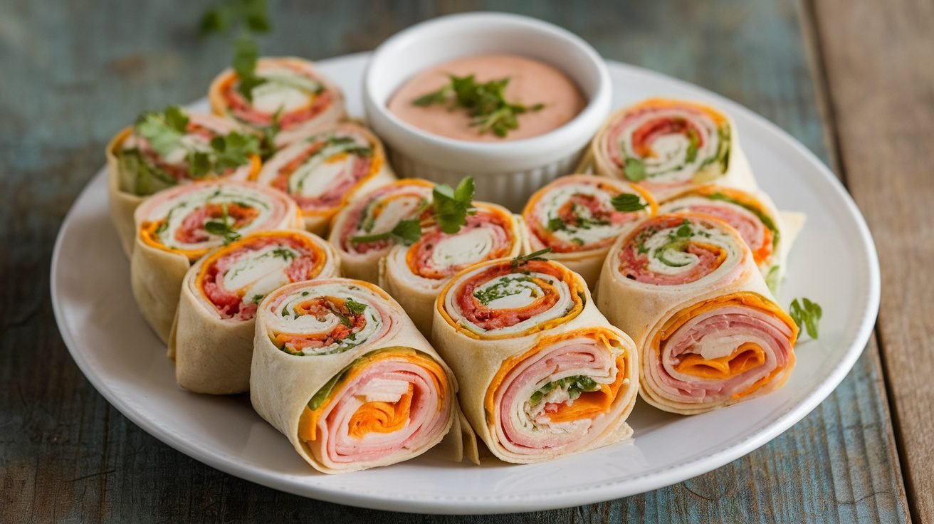 Turkey and Cheese Roll-Ups on a plate, garnished with herbs, with a dipping sauce on the side.
