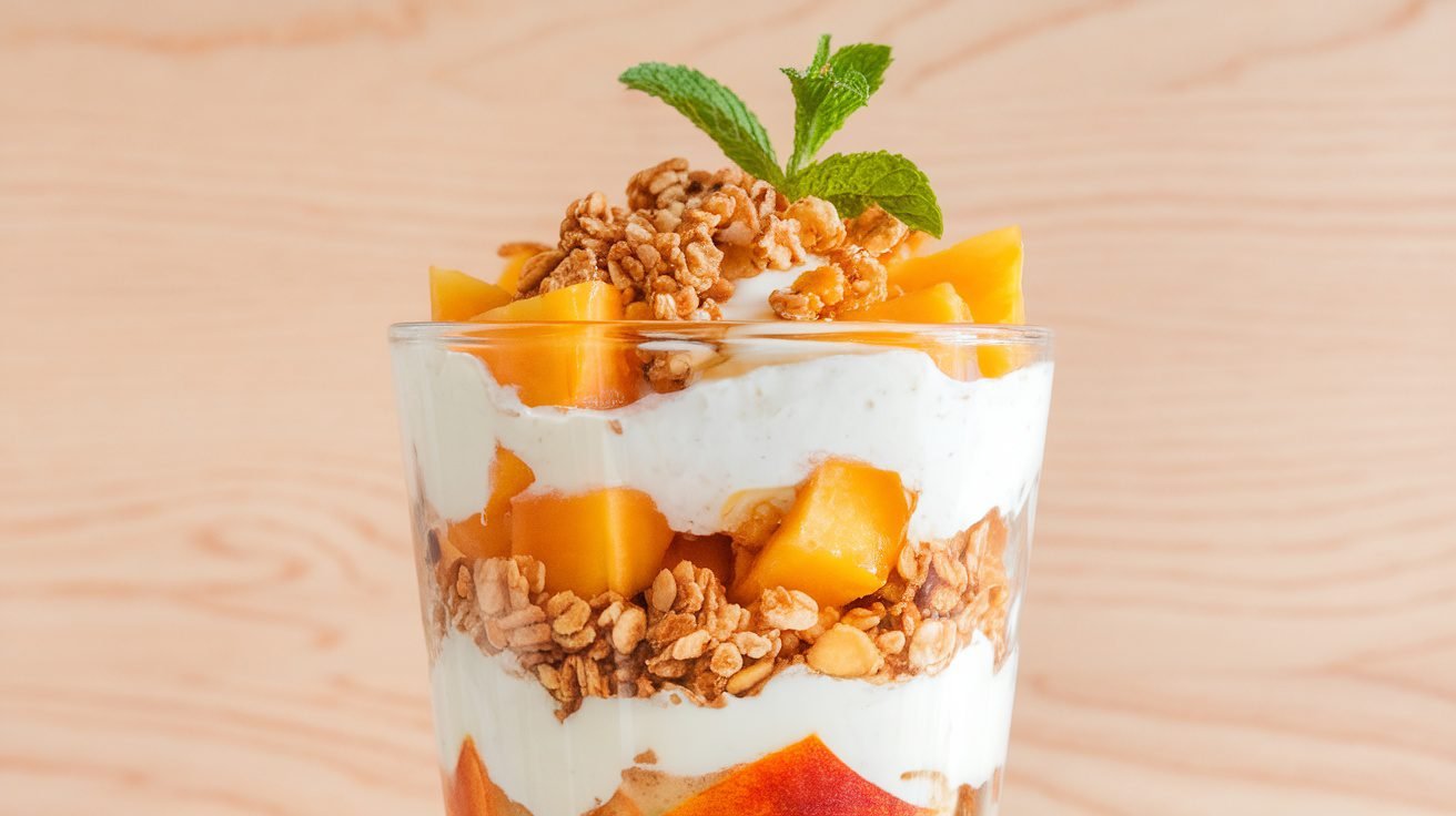 A peach yogurt parfait with layers of yogurt, peaches, and granola in a glass, garnished with mint.