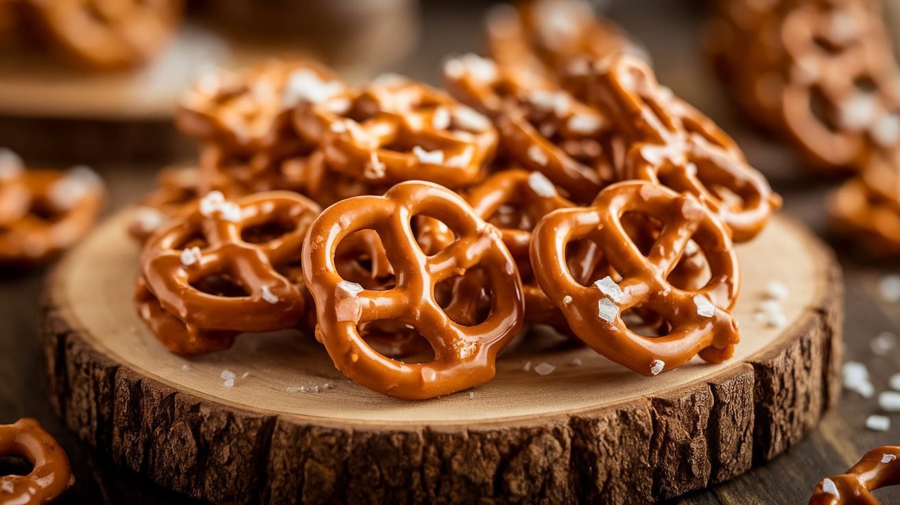 Caramel pretzel clusters on a wooden platter, drizzled with chocolate and sprinkled with sea salt.