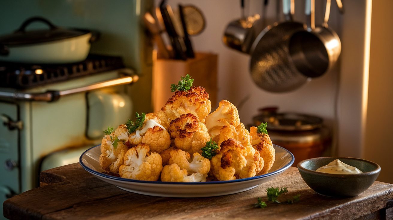 Crispy roasted cauliflower bites garnished with parsley on a rustic plate with dipping sauce.