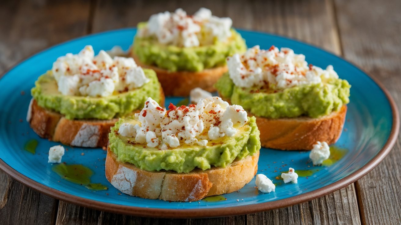 Avocado and feta toast rounds on a plate, garnished with olive oil and red pepper flakes.