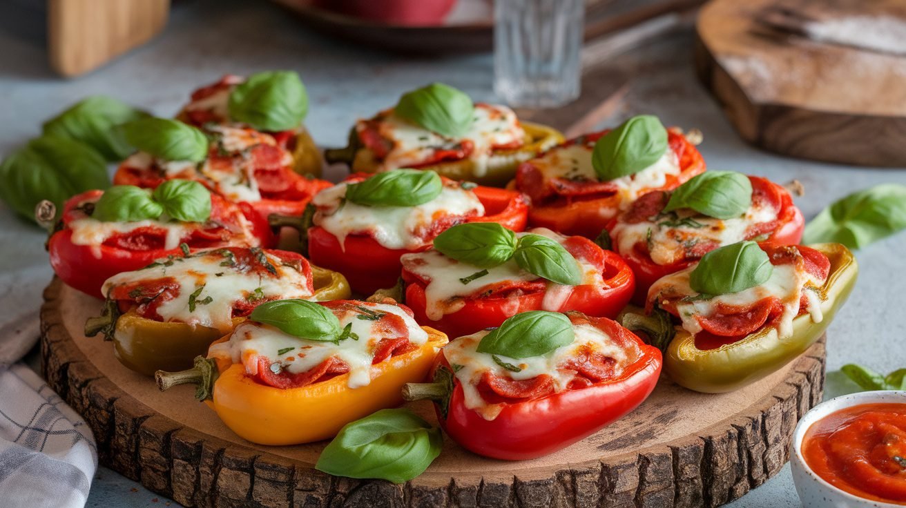 Mini Pepper Pizza Boats filled with cheese and pepperoni on a wooden board with pizza sauce.