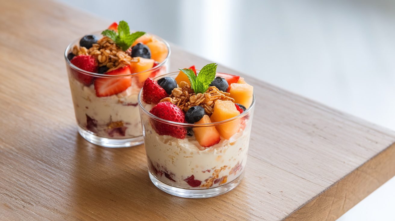 Cottage cheese and fruit cups with mixed berries and peaches, garnished with granola and mint.