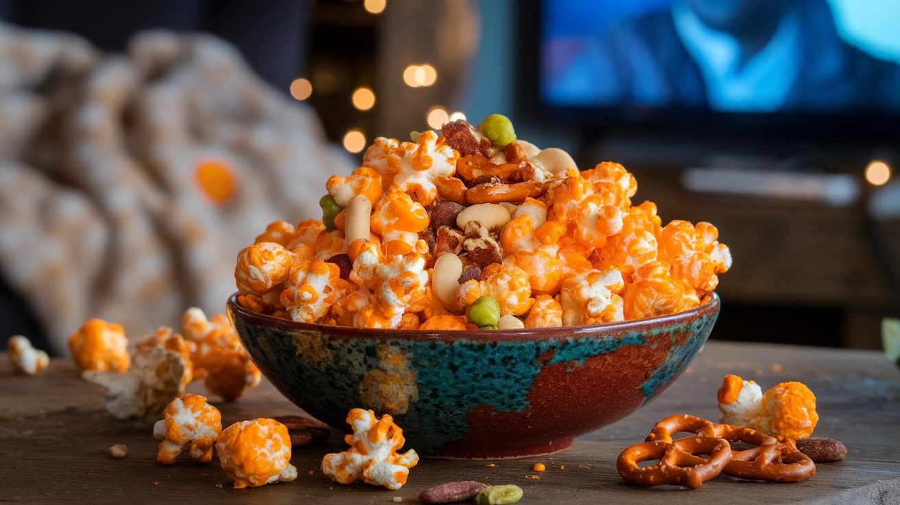 A bowl of Cheddar Popcorn Snack Mix with popcorn, pretzels, and nuts on a wooden table.