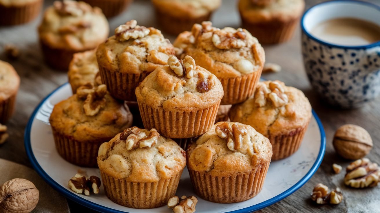 A plate of banana nut muffin bites with walnuts, served with coffee on a rustic table.