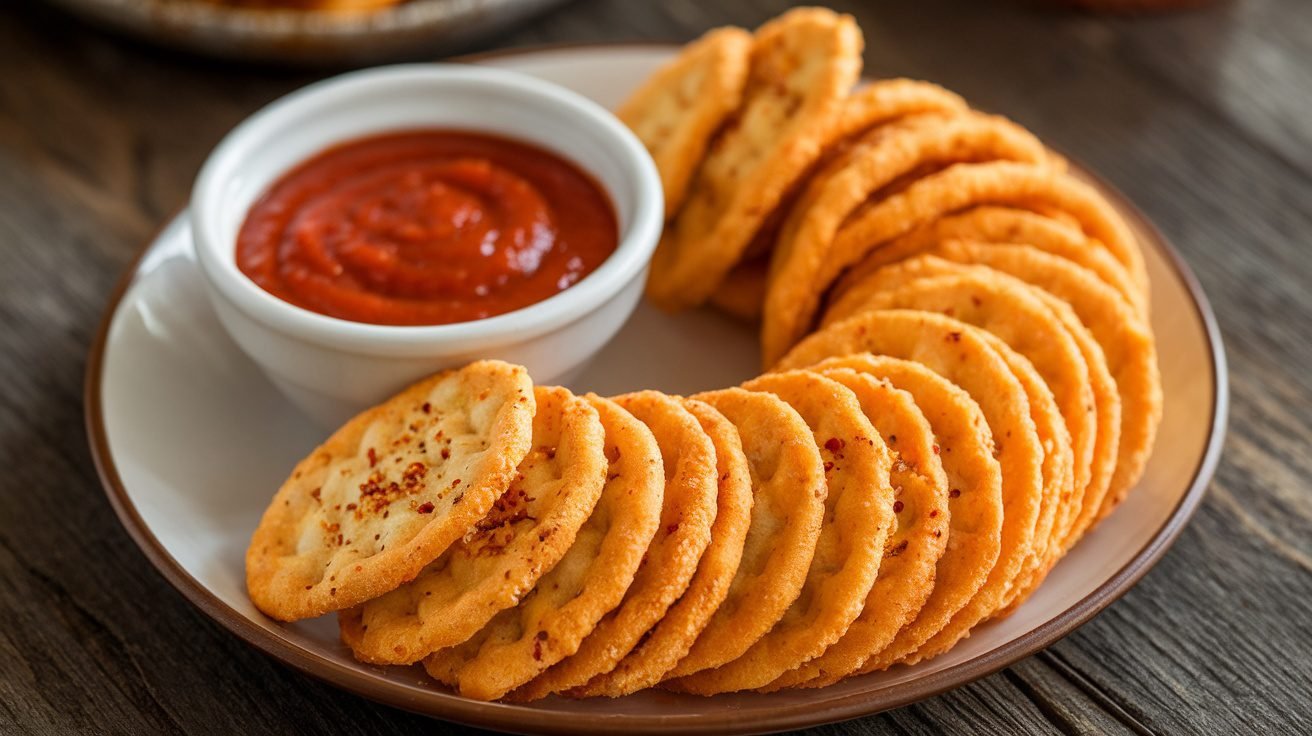 A plate of spicy Parmesan crackers with marinara sauce, garnished with red pepper flakes.