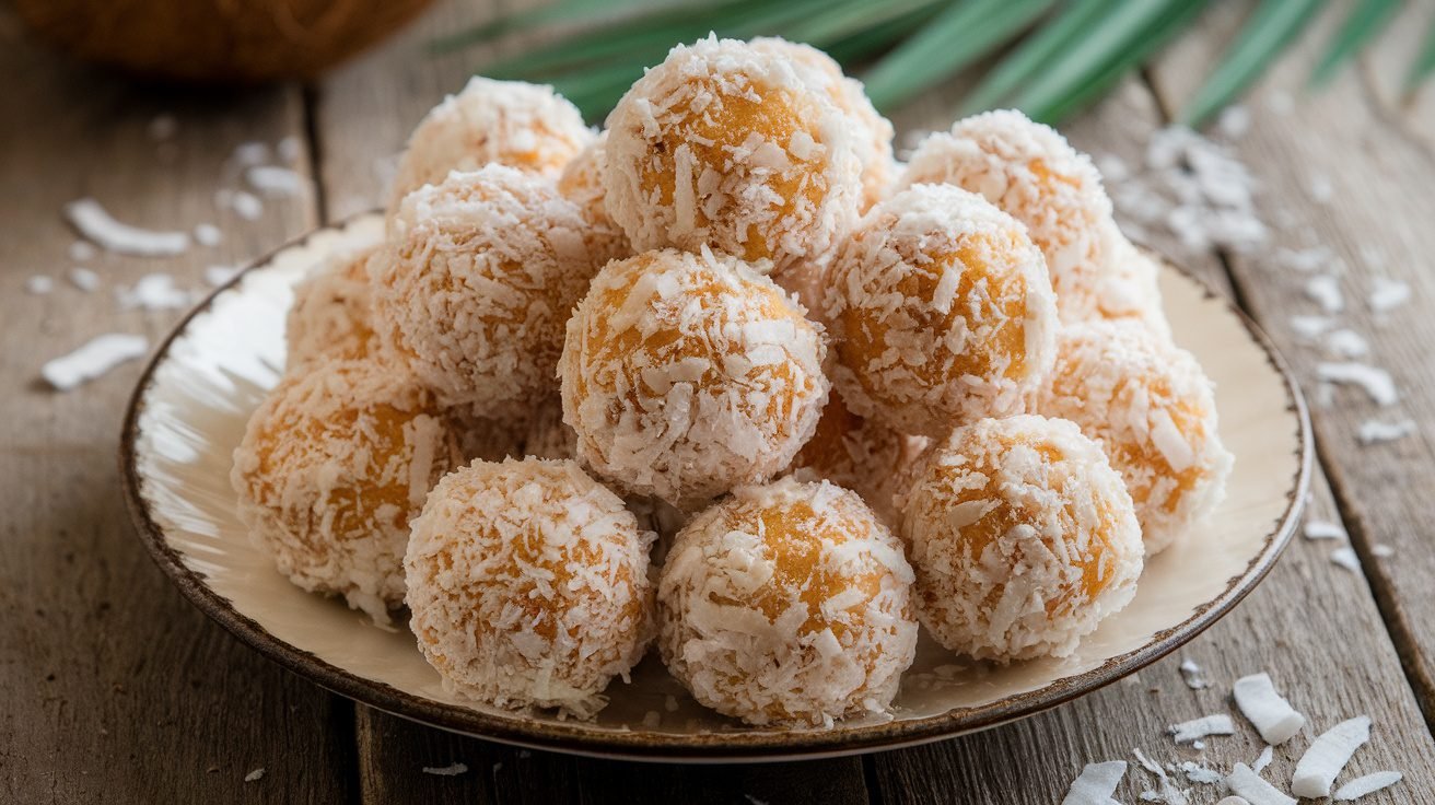 A plate of no-bake coconut balls coated in shredded coconut on a rustic wooden table.