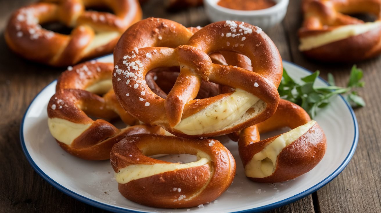 Golden brown pepper jack stuffed pretzels on a plate with coarse salt and a bowl of dipping sauce.