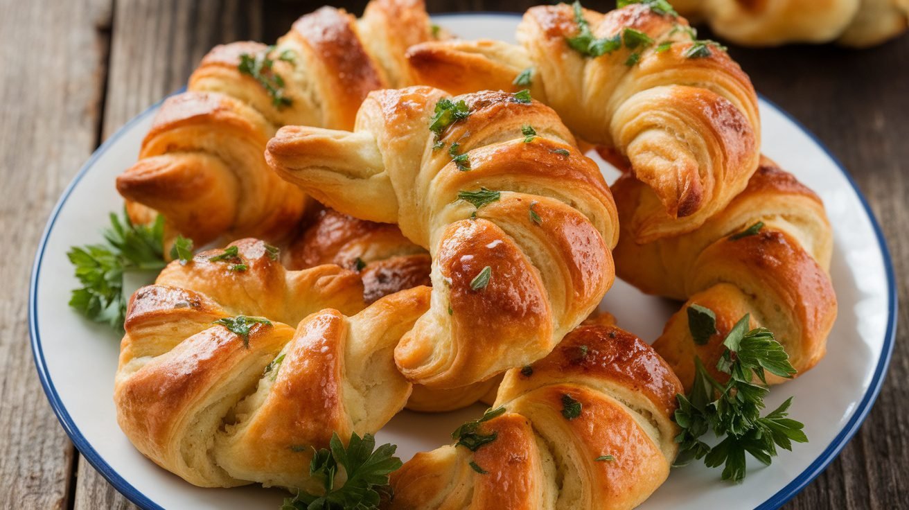Golden garlic butter crescent twists on a plate, garnished with parsley, on a rustic table.