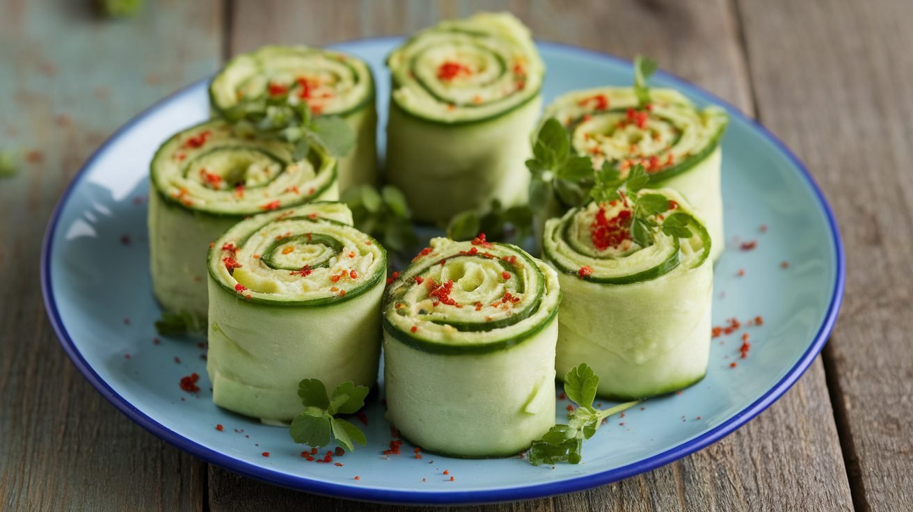 Cucumber Avocado Roll-Ups with avocado filling and herbs on a rustic wooden table.