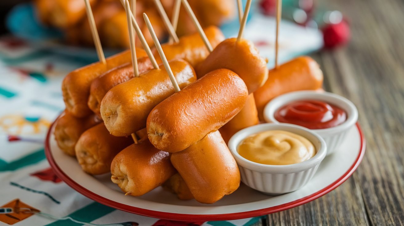 A plate of mini corn dogs on sticks with ketchup and mustard on a rustic table.