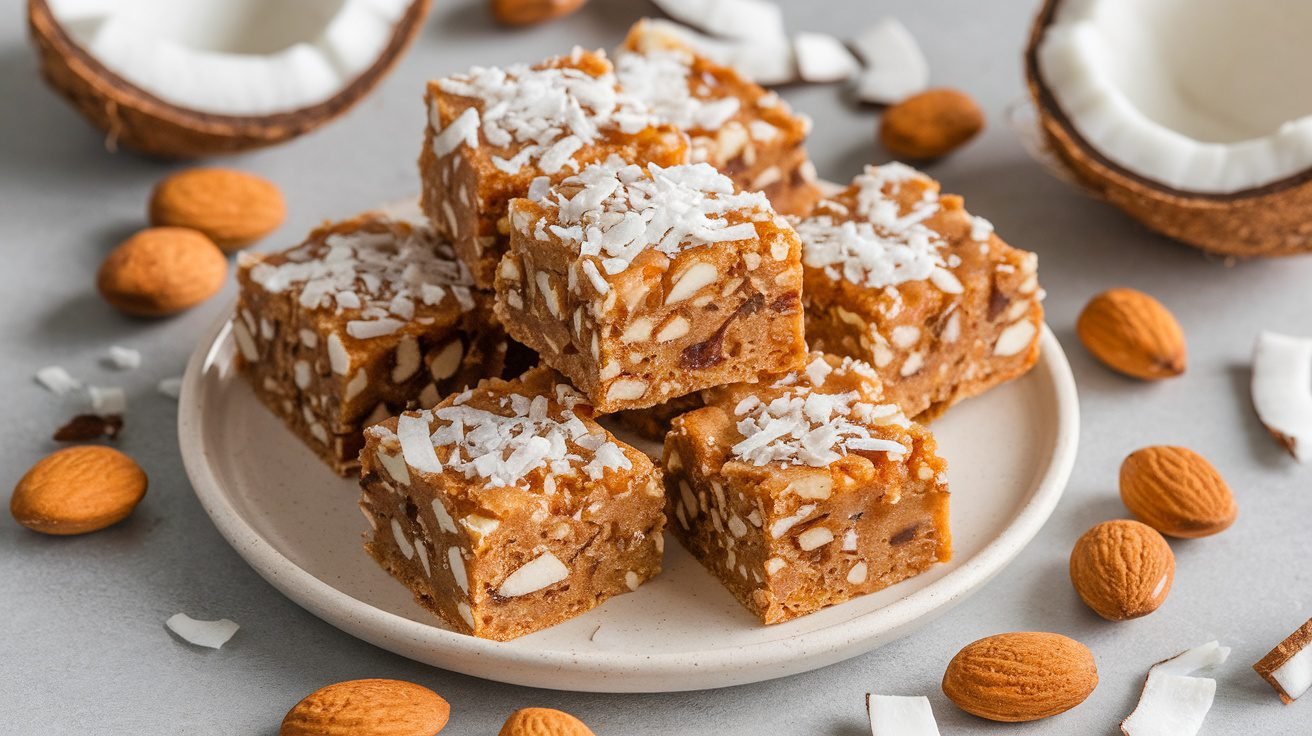 Almond Coconut Energy Squares on a plate, garnished with coconut flakes and almonds.