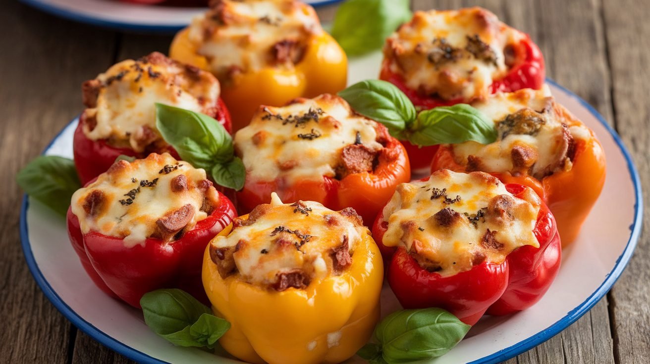 A colorful assortment of baked Italian stuffed mini bell peppers filled with cheese, garnished with basil on a rustic table.