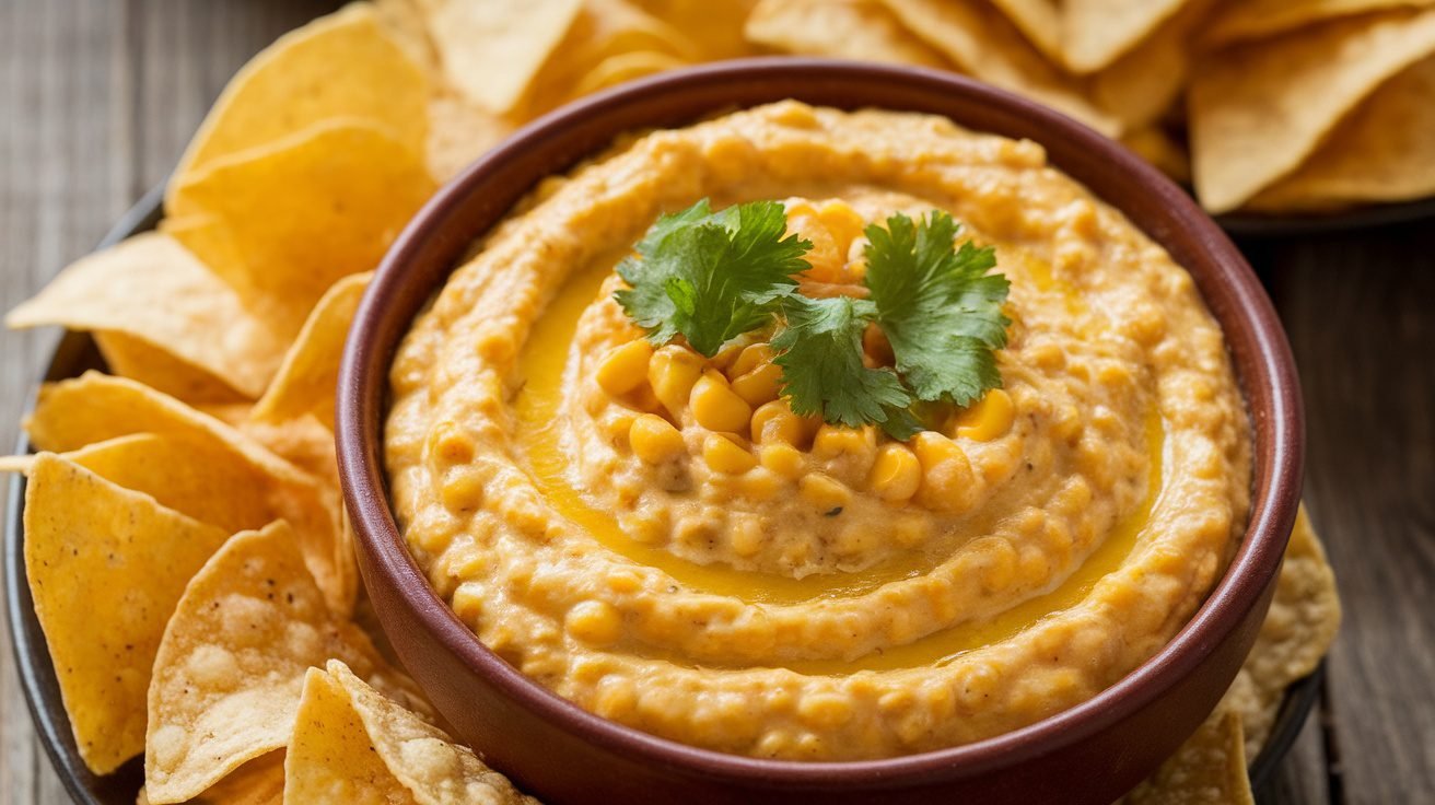Creamy roasted sweet corn dip in a bowl with cilantro, served with tortilla chips on a rustic table.