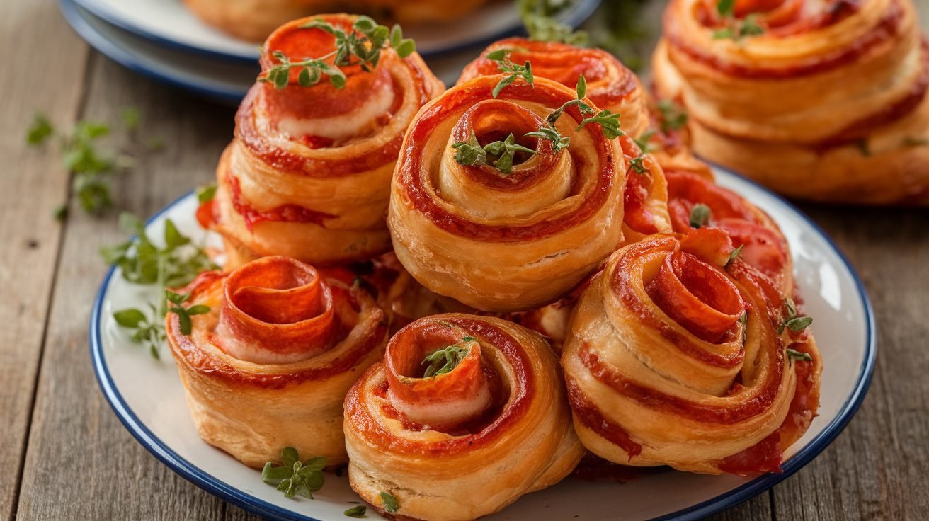 Golden puff pastry pepperoni twists arranged on a plate, showcasing flaky layers and melted cheese.