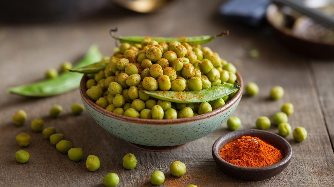 Crispy roasted green peas in a bowl, seasoned with spices, on a wooden table.