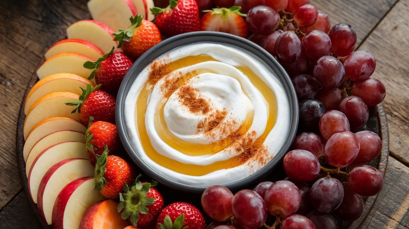 Creamy Greek yogurt fruit dip with fresh fruits including strawberries, apple slices, and grapes on a wooden table.