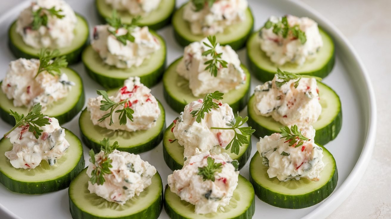 A colorful display of cucumber slices topped with feta cheese and herbs on a white platter.