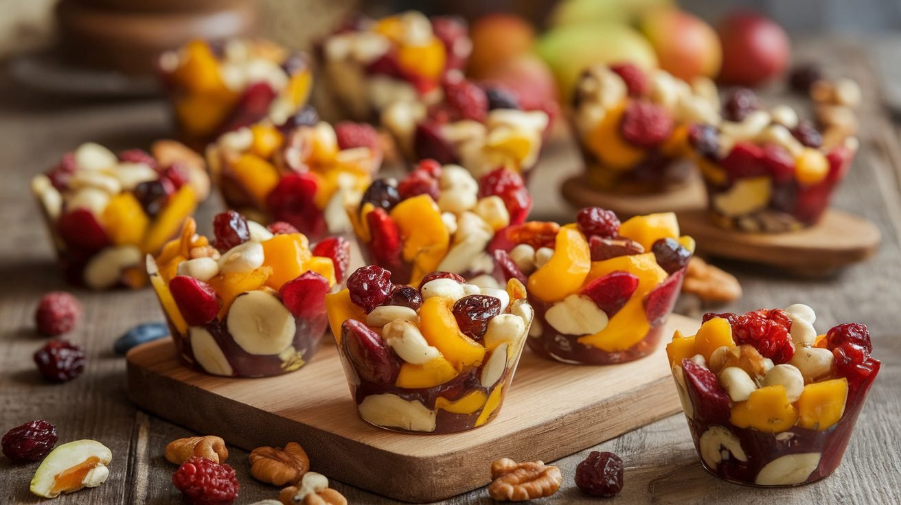 Homemade Fruit and Nut Cups Recipe Colorful fruit and nut cups filled with nuts and dried fruits on a wooden table.