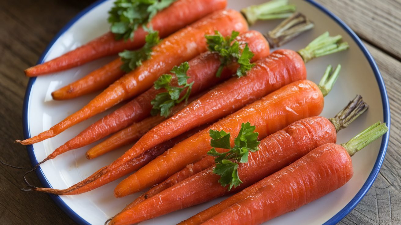 Maple cinnamon roasted carrots on a plate, garnished with parsley, on a rustic wooden table.