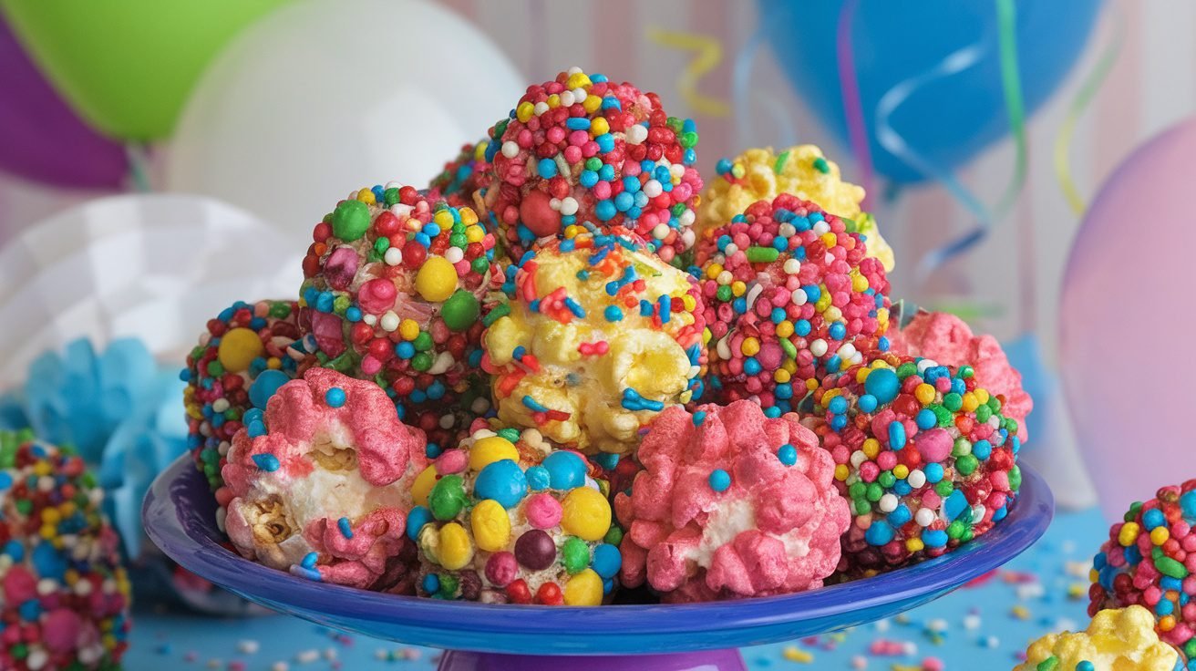 Colorful popcorn balls with sprinkles on a festive plate, perfect for a party snack.