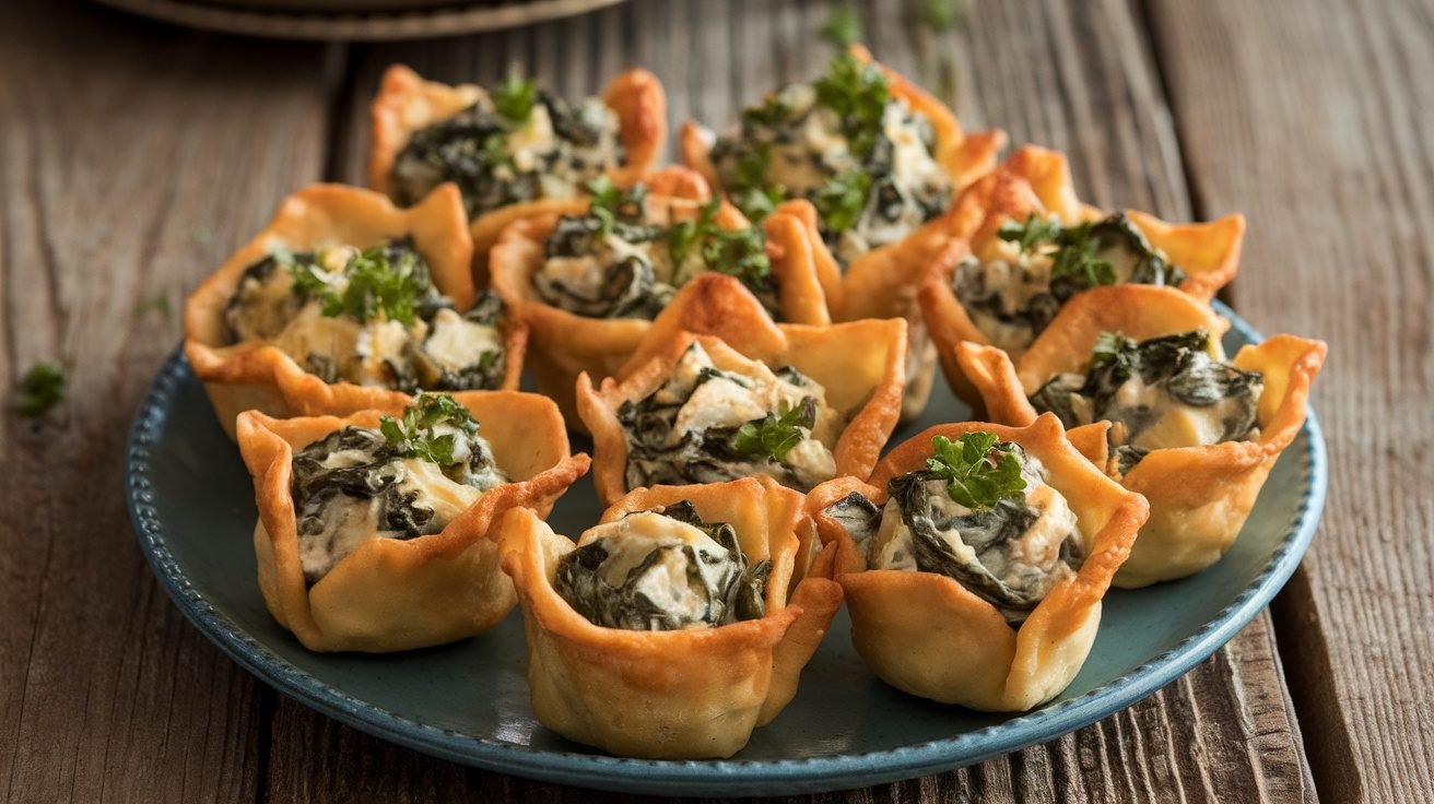 Crispy spinach artichoke wonton cups filled with creamy spinach and artichokes, garnished with parsley on a wooden table.