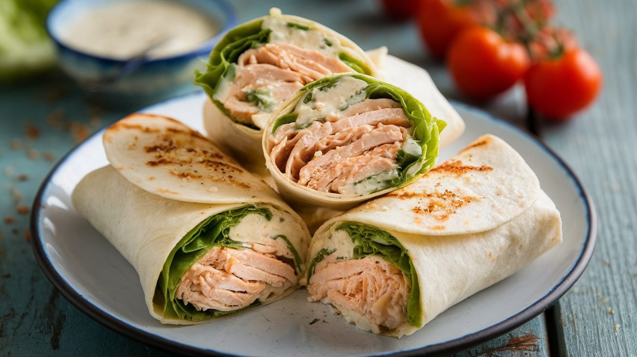 Mini Chicken Caesar Wraps filled with chicken, lettuce, and Caesar dressing, served on a wooden table with cherry tomatoes.